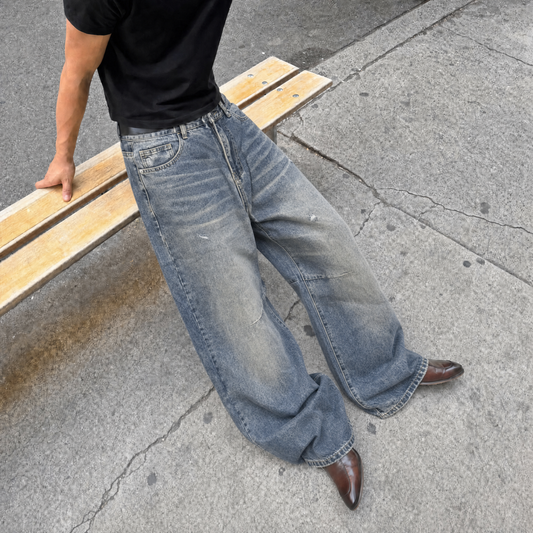 Baggy  Grey Thrashed Wide-Leg Denim